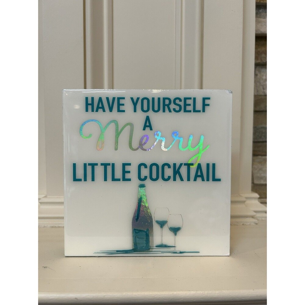 Ashland Jewels & Jolly Christmas Cocktail Plaque Wood White Teal Multicolor 6x6"